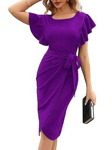 HELYO Women's Elegant V-Back Ruffle Sleeve Sheath Dresses Belted Ruched Elegant Casual Work Cocktail Party Dress