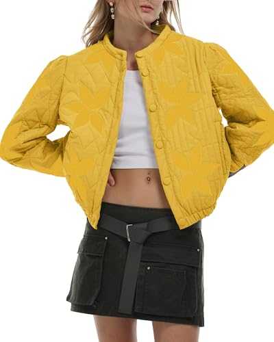 Locachy Women's Casual Cropped Puffer Jacket Lightweight Flower Embroidery Winter Warm Quilted Jacket Coat with Pockets