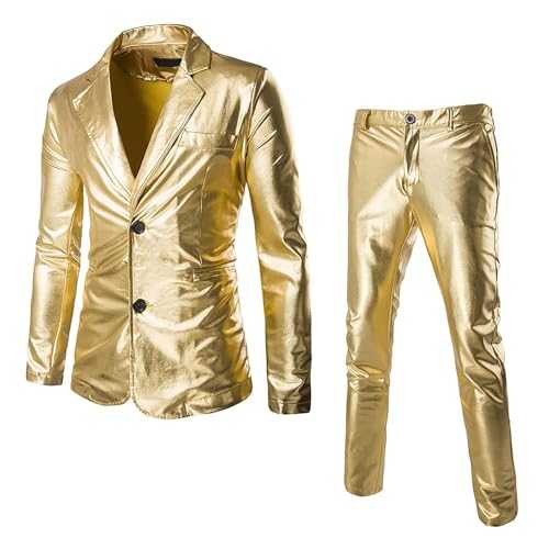 Men's 2 Piece Slim Fit Suit Set, Shiny 2 Piece Suits Slim Fit 1 Button Tuxedo Suits Casual Jacket Trousers for Wedding Party Classic Blazer Waistcoat Trousers Set