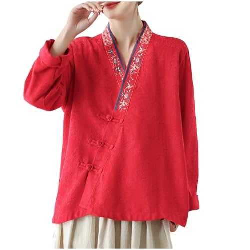 Women's Cotton Linen Shirts V Neck 3/4 Sleeve Blouses Retro Vintage T Shirts Chinese Style Casual Loose Tee Shirt Lightweight Floaty Tops Spring Summer Blouse Tunic Top