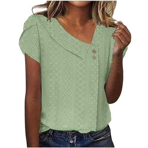2024 Fashion New T Shirt for Women Girl Womens Summer Tops Short Sleeve V Neck Shirts Button Going Out Blouses for Women Dressy Casual 2024 Trendy Clothes Comfy Summer Shirts