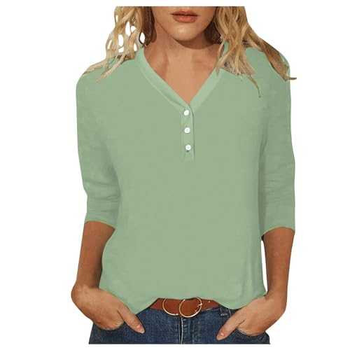 Women Tops 3/4 Sleeve V Neck Button Down T-Shirts Casual Polo Tee Shirt Ladies Basic Loose Fit Blouses Plus Size Tshirts Elegant Tunics Top Going Out Tops