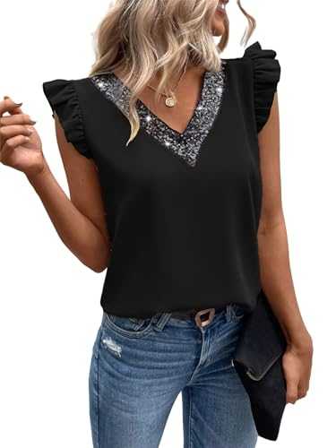 GORGLITTER Women's Sequin Ruffle Trim Blouse V Neck Cap Sleeve Summer Shirt Tops