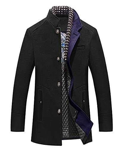 KTWOLEN Men's Wool Coat Mid-Length Trench Coat Stand Collar Winter Warm Casual Woolen Coat Outerwear Padded Jacket with Detachable Scarf