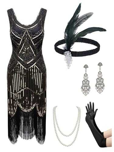 YESSA Flapper Dresses 1920s Gatsby Dress for Women Roaring 20s Costumes Fringed Sequin Cocktail Dress with 20s Accessories