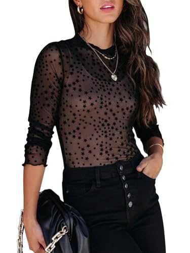 Aoudery Women's Lace Long Sleeve Mesh Top Mock Neck Sheer Blouse See Through Floral Crochet Tops