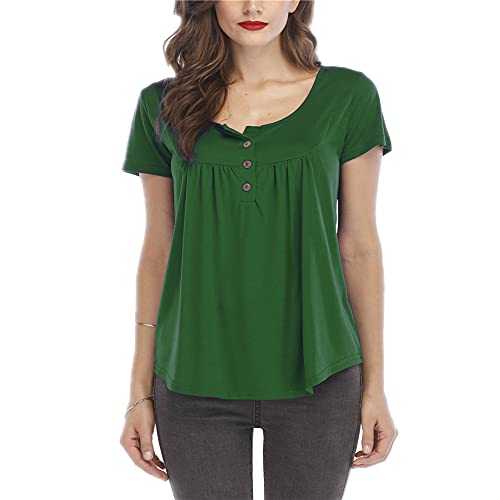 PRJN Womens Casual Short Sleeve Tops Loose Pleated Tunic Shirts Women Henley Shirts Blouse Button Up Tunic Casual Tops Womens Short Sleeve Tops Round Neck Button Henley Tunic Ladies T Shirt Blouse