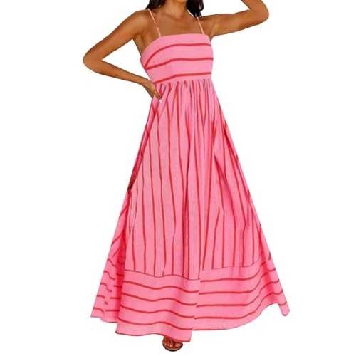 Womens Striped Summer Maxi Dress Sexy Back Smocked Spaghetti Strap Cut Out Flowy Beach Swing Long Dress