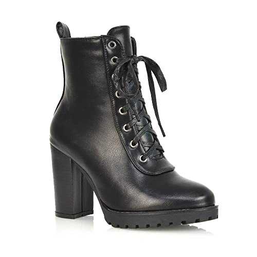ESSEX GLAM Womens Lace Up Ankle Boots Block Heel Ladies Combat Biker Ankle Bootis Size 3-8