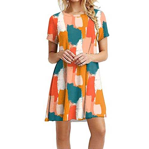 HOOUDO Women's Summer Dresses Crew Neck Short Sleeve T Shirt Dresses Knee Length Swing Mini Dresses A Linen Casual Dress Ladies Sundress Beachdress with Pockets