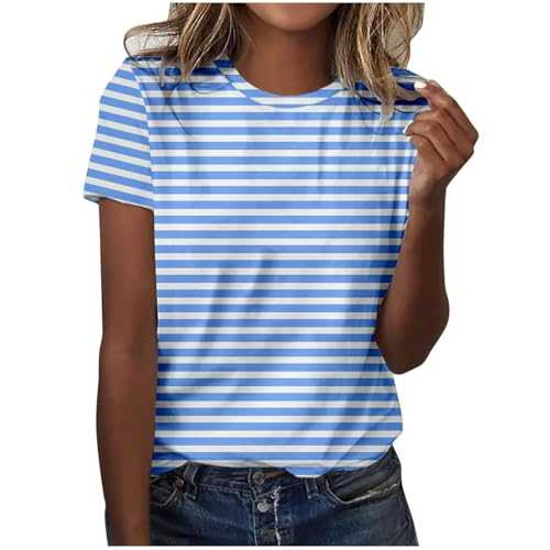 Summer Tops for Women 2025 Trendy Crewneck Short Sleeve Striped Tshirts Shirts Casual Loose Fit Comfy Basic Tees