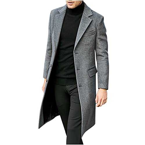 RLEHJN Trench Coat Men Long Sale Clearance Winter Jackets Mid Length Wool Coat Lightweight Windbreaker Plain Long Coat Lapel Collar Overcoat Business Longline Cardigan Outdoor Windproof Outwear