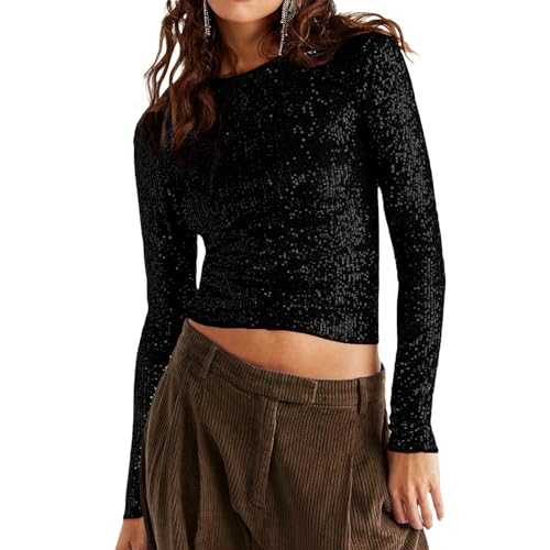 YILEEGOO Women Sequin Tops Boat Neck Basic Slim Fit T-Shirt Cap Sleeve Y2K Crop Tops Sparkly Going Out Party Tee Streetwear