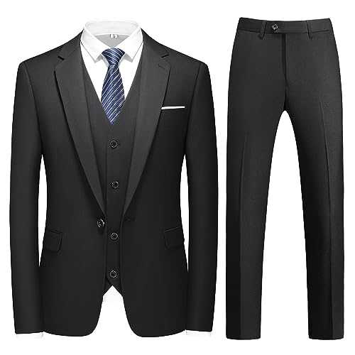 TRONSTORE Men's 3 Piece Suits Slim Fit One Button Solid Tuxedo Jacket Vest Pants Business