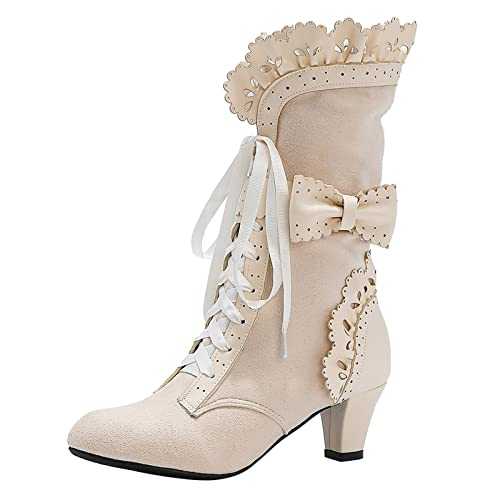 Women's Ankle Boots Victorian Gothic Mid Calf Boot Round Toe Black Lace Up Vintage Steampunk Witch Knight Boots