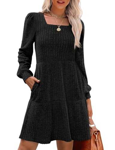 Womens Long Sleeve Jumper Dress Casual Square Neck Knee Length Knit Sweater Dresses with Pockets