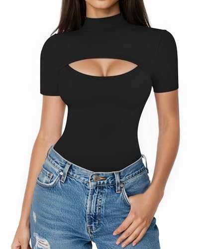 ALGALAROUND Cutout Tops for Women Bodycon Mock Turtleneck Short Sleeve Long Sleeve T-Shirt