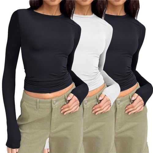 3PC Skim Dupes Basic Crop Top for Women Basics Clothing Women Skims Multi Pack Long Sleeve Crop Top T Shirts Y2K Crew Neck T Shirts Solid Color Blouses Tiktok Tight Baby Tees Tops