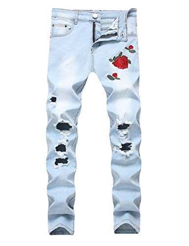 Ylingjun Mens Stretch Ripped Distressed Rose Embroidered Ombre Skinny Moto Biker Jeans