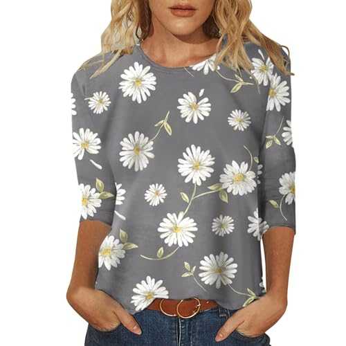 Vectry Womens Tops 3/4 Sleeve Shirts Summer Round Neck Loose Casual Blouses Floral Print Tshirts Women Shirt Workout