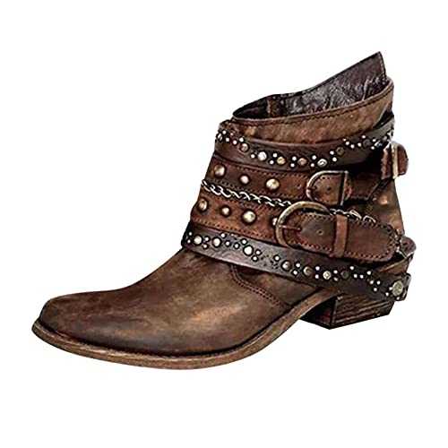 TEELONG Women Short Boots Ladies Retro Booties Slip On Ankle Boots Pointed Toe Low Heel Pull On Chelsea Boots Vintage Cowboy Western Boots Autumn Winter Shoes Streetwear (Brown, 7)
