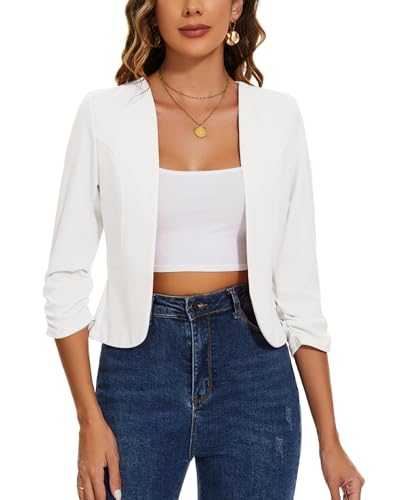 LADI TREND Womens Cropped Blazer Collarless Suits & Blazers Open Front Jackets 3/4 Ruched Sleeve Outerwear Half Linen Cardigan