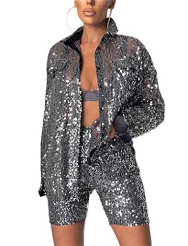 FeMereina Women's Long Sleeve Sequin Shirts Glitter Blouses V Neck Collared Button Down Oversized Lapel Tops Elegant Sparkle Party Clubwear