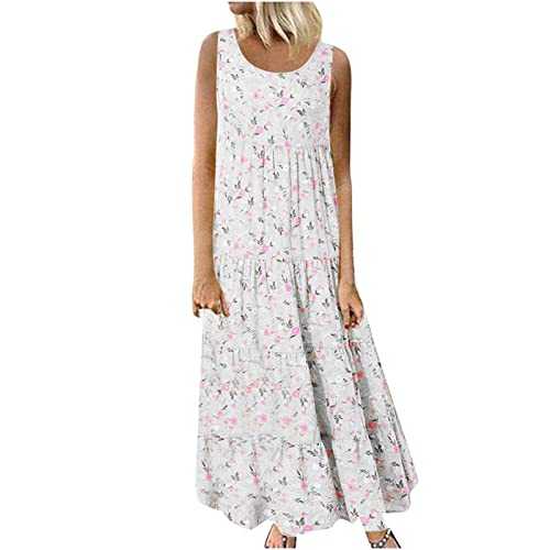 Womens 2024 Summer Dresses Boho Floral Print Maxi Dresses Casual Crewneck Sleeveless Tank Dress Wide Suspender Party Beach Dresses Loose Baggy Tunic Dresses Beach Sundress Vacation Dress Plus Size 18