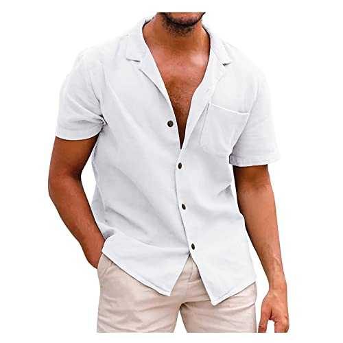 Cotton Linen Shirts Men UK Sale Clearance Loose Fit Retro Casual Blouse Tops Short Sleeve V Neck Beach Summer Hawaiian Grandad Shirt Cotton Linen T Shirts Sports Fitness Muscle Tees