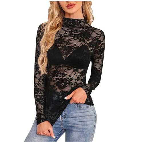 Women's Long Sleeve Mesh Tops Mock Neck Sheer Blouse See Through Floral Lace Tops Crew Neck Summer Slim Fit T-Shirts Y2k Going Out Tees Party Clubwear Shirts Vacation Outfits