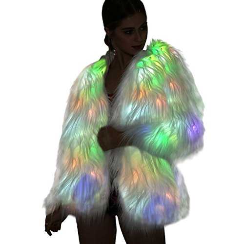 Women Faux Fur Outwear Winter Light Up Burning Glow Fluffy Sparking Rainbow LED Costume Waistcoat