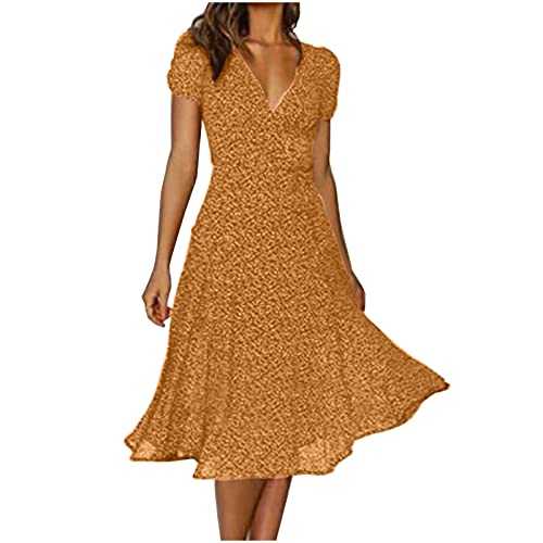 Chiffon Dress Knee Length Short Sleeve Midi Dresses Polka Dot Printed V Neck Summer Dresses for Women UK Womens Wrap Dress Elegant Tunic Dress Plus Size Casual Dresses