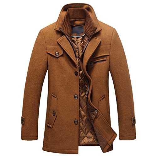 Men's Layered Collar Wool Blend Jacket Winter Military Single Breasted Pea Coat Quilted Lined Trench Overcoat