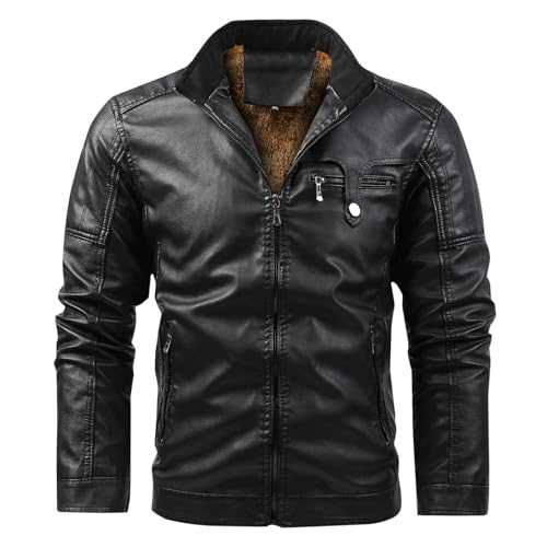 Mens Fleece Jacket PU Leather Jacket Long Sleeve Solid Coat with Pockets Zipper Coats Casual Plus Size Outwear Motorcycle Thicken Bomber Jacket for Men