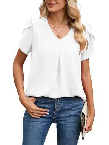 Famulily Women's Summer Chiffon Tops V Neck T-Shirts Ladiess Dressy Petal Short Sleeve T-Shirts Tunic Tops Blouse