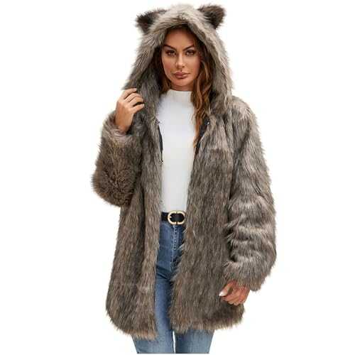 Women's Fleece Teddy Coats Cute Ear Hoodie Ladies Warm Faux Furry Long Shaggy Coat with Pockets Hooded Jacket Winter Solid Soft Outerwear Homewear