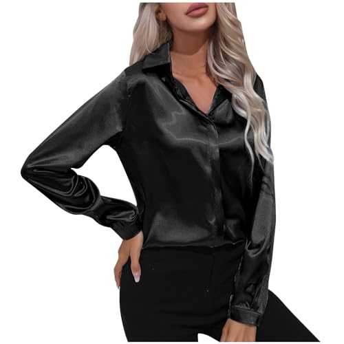 Women's Satin Shirts Casual Long Sleeve Tops Elgant Botton Down Blouses Smooth V Neck Silk Like Shirts Classic Solid Color Going Out Tops for Ladies Business Work Office