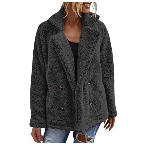 Fleece Jacket Women's Warm Double Breasted Plush Jacket Warm Cardigan Hooded Jacket with Pockets Plain Plush Jacket Lined Teddy Fleece Coat