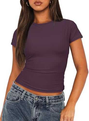 Darong Women's Double Lined Short Sleeve Crew Neck T Shirt Basic Slim Fit Going Out Tops Y2K Fashion
