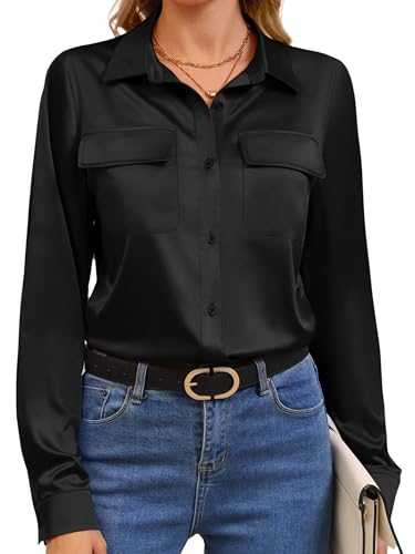 Syewan Soft Satin Silk Button Down Shirts with Pockets Ladies Long Sleeve Blouse Relaxed Fit Blouse Work Casual Dressy Tops