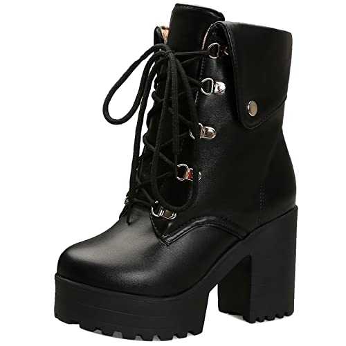 Women Classic Chunky Heels Lace Up Biker Platform Boots