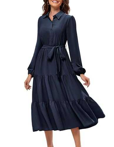 JASAMBAC Women's Button Down Shirt Dress Long Sleeve Casual Dresses Collared Tiered Dress Polo Neck Midi Dresses Ruffle Pleated A Line Elegant Dresses Flowy Dress with Pockets