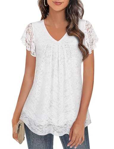 Womens Tops V Neck Ladies Top Ruffle Short Sleeve Blouses Flowy Mesh Tunic Tops Casual T Shirt