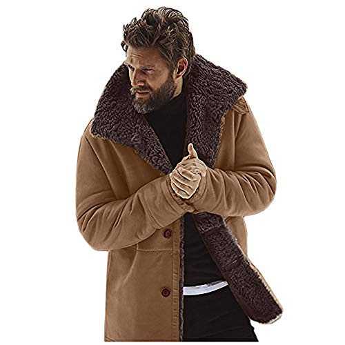WMOFC Men's Vintage Sheepskin Leather Jacket Cashmere Faux Sheepskin Jacket Cashmere Wool Shearling Coat,01,XL