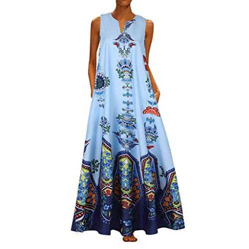 HOOUDO Women Summer Maxi Dresses Strappy Longline Casual Dresses Floral Print Crew Neck Bohemian Long Dresses Sleeveless Maxi Length Beach Sundresses with Pockets