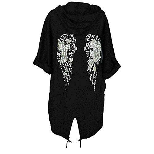 Urban Fashion Women's Angel Wings Sequin Back Hoodie Oversized Longline Hooded Long Open Ladies Cardigan Cotton Winter Jacket Coat