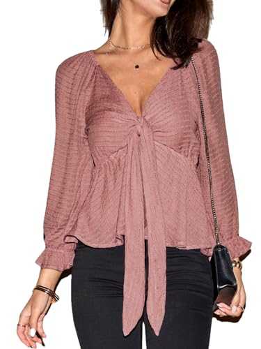 CUPSHE Women’s Blouse Long Sleeve Plunging Neck Ruffle Cuffs & Bust Tie Woven Ladies Top for Casual Evening Out