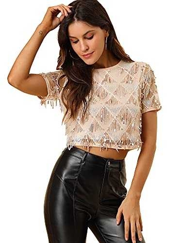 Allegra K Women's Sequin Shiny Glitter Crop Top Short Sleeves Tassel T-Shirt