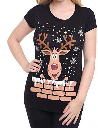 STAR FASHION Christmas Short Sleeve Tops for Women Festive Xmas Rudolph Reindeer Santa Red Nose Print T-Shirt