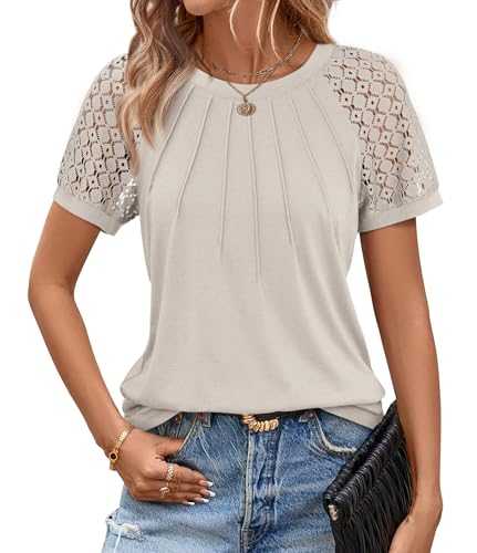 ATHMILE Womens Tshirts Trendy Fashion Tops Lace Short Sleeve Business Tee Shirts Casual Knitted Blouses Summer Outfits 2025